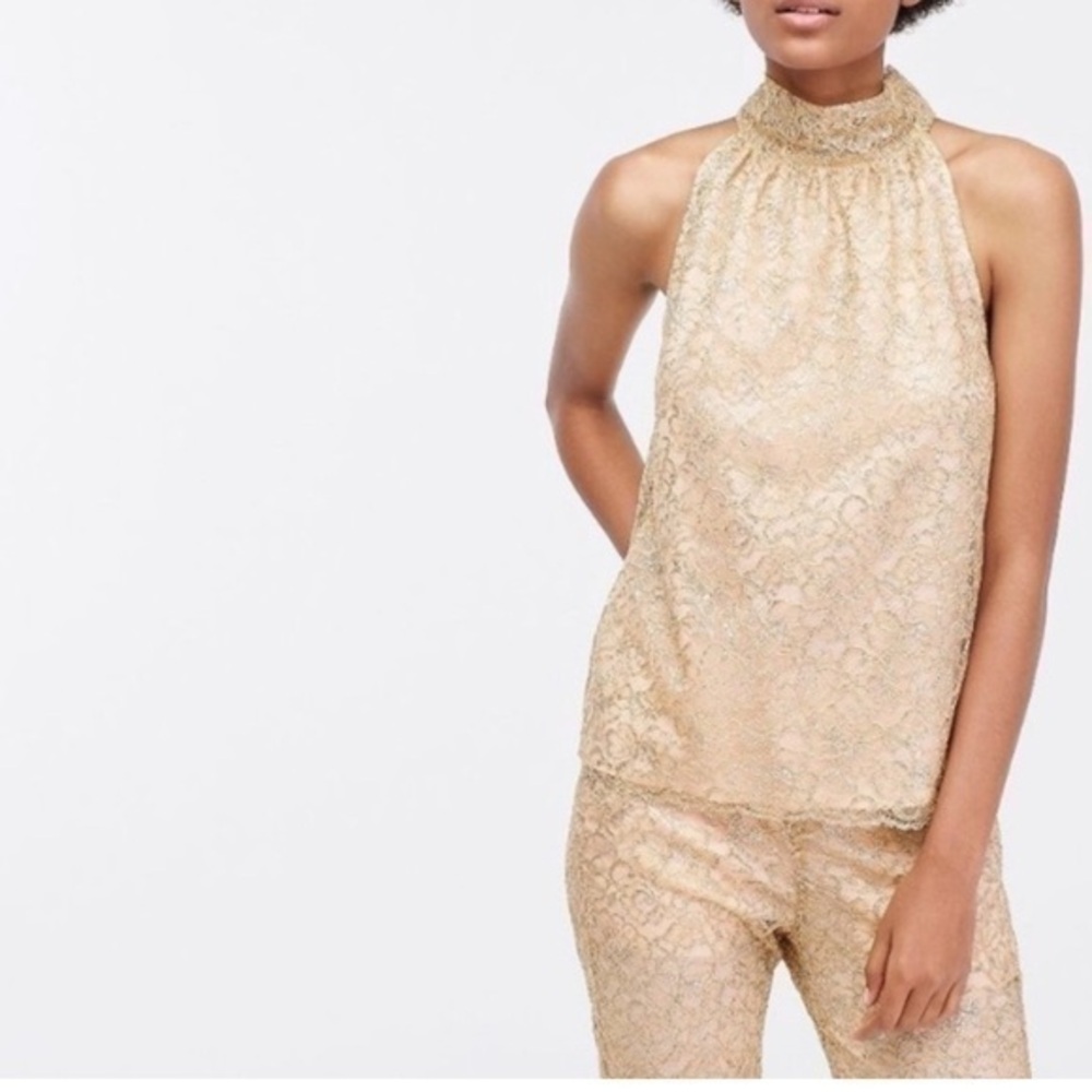 J. Crew Tie-Neck Lace Career Blouse Top Metallic Blend Size XS Gold